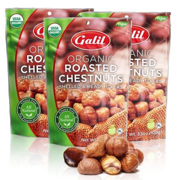 Castañas Tostadas Orgánicas Galil - Sin Cáscara - Snack Listo para Comer - Pack de 3 Bolsas de 3.5 oz